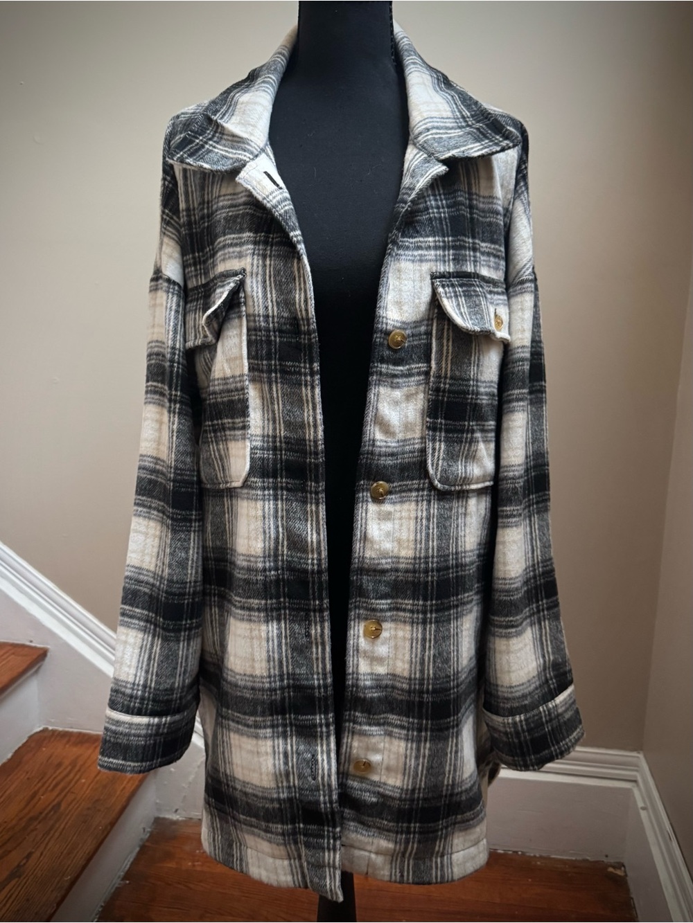 Banana Republic Black Lea Plaid Oversized Shacket Wool Blend L